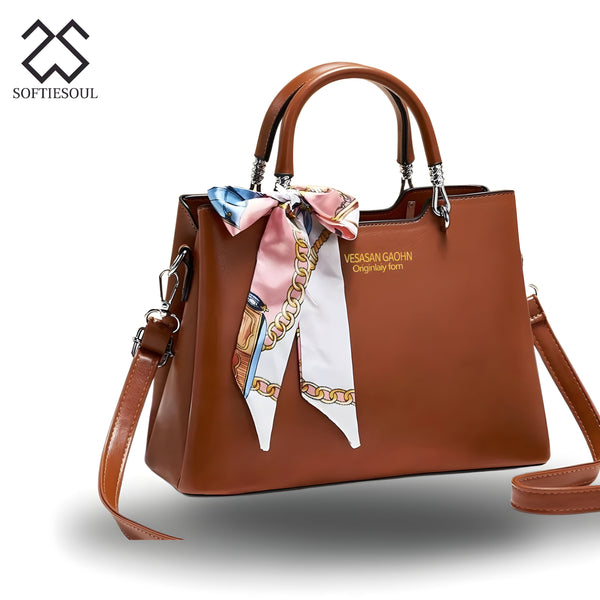 Plain Leather Shoulder Bag with long belt with Scarf My Store