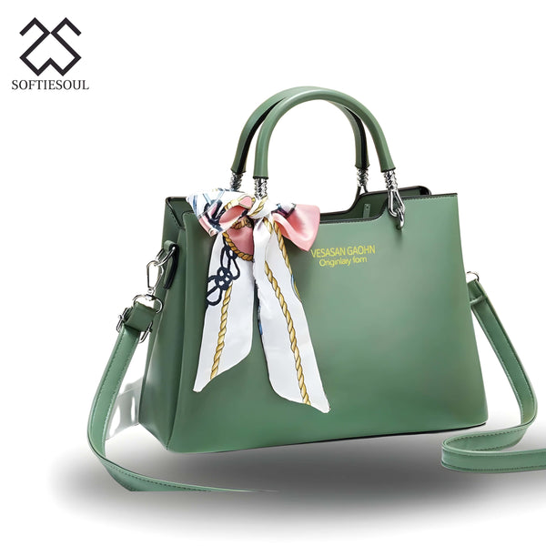 Plain Leather Shoulder Bag with long belt with Scarf My Store