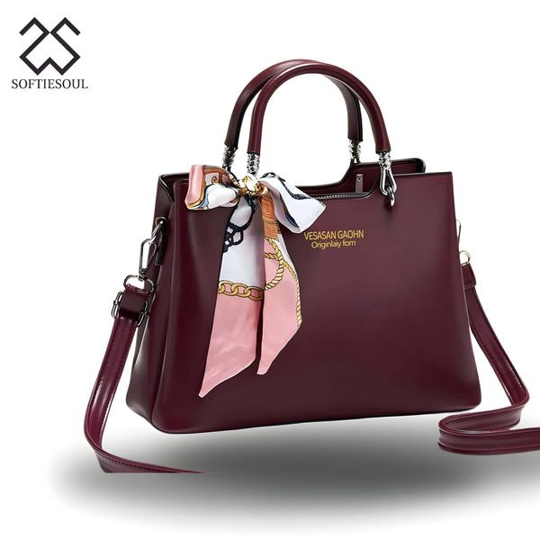 Plain Leather Shoulder Bag with long belt with Scarf My Store