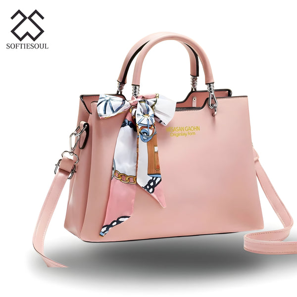 Plain Leather Shoulder Bag with long belt with Scarf My Store