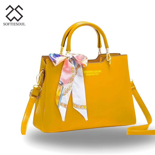 Plain Leather Shoulder Bag with long belt with Scarf My Store