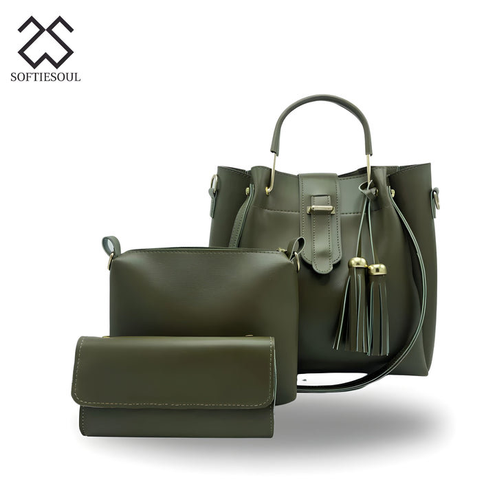 Rexine Plain Green 3-Piece Handbag Set My Store
