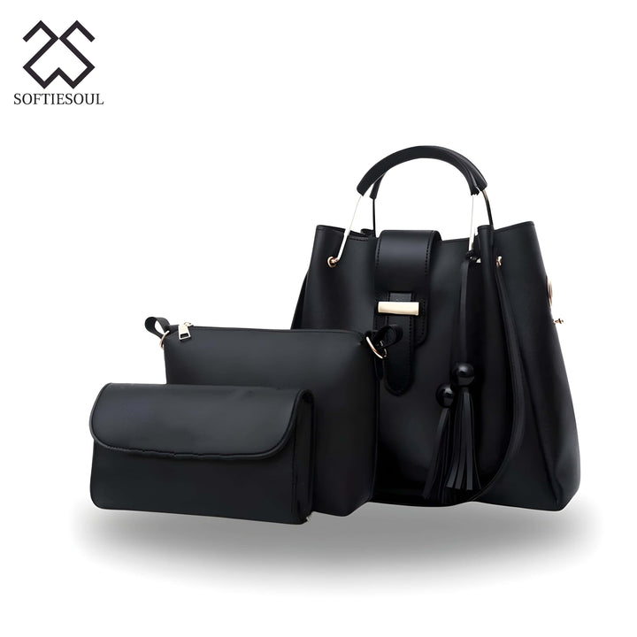Rexine Plain Black 3-Piece Handbag Set My Store
