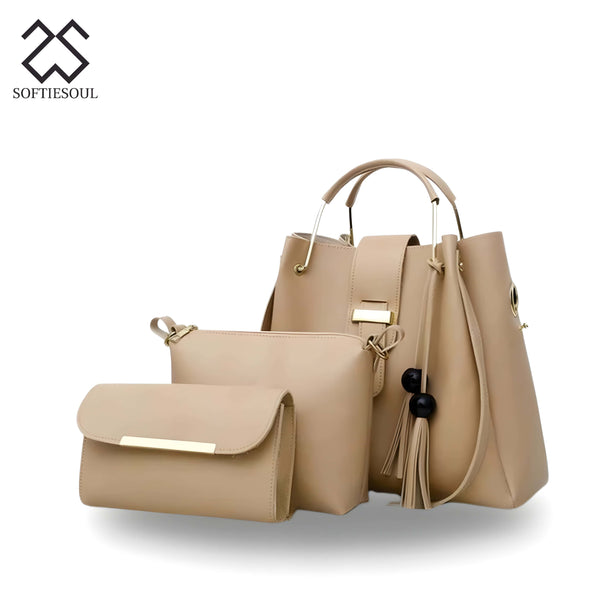 Rexine Plain Caramel 3-Piece Handbag Set My Store