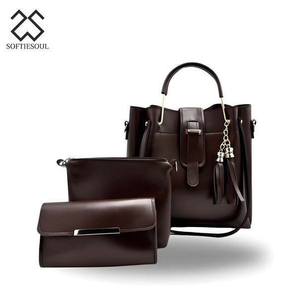 Rexine Plain Dark Black 3-Piece Handbag Set My Store
