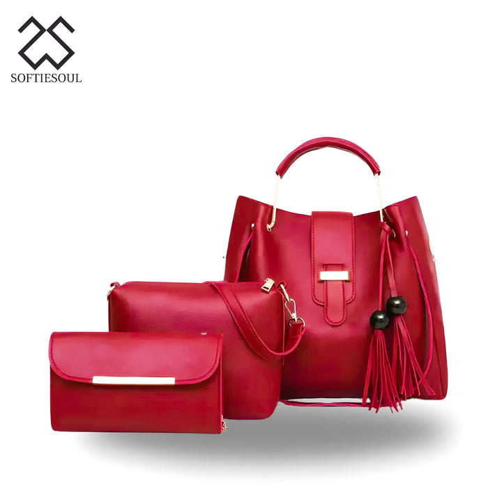 Rexine Plain Red 3-Piece Handbag Set My Store