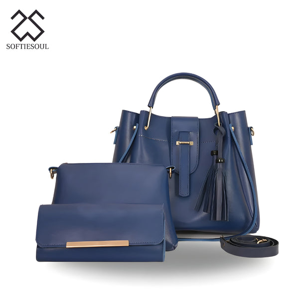 Rexine Plain Blue 3-Piece Handbag Set My Store