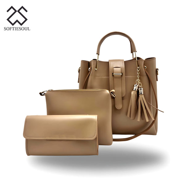 Rexine Plain Beige 3-Piece Handbag Set My Store