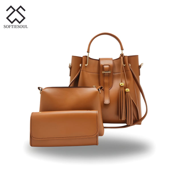 Rexine Plain Brown 3-Piece Handbag Set My Store