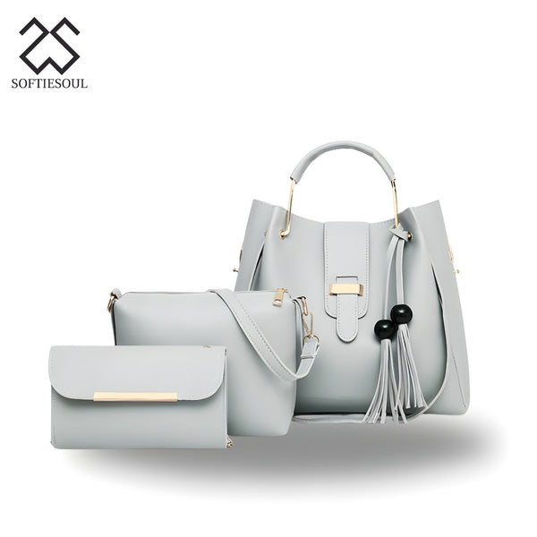 Rexine Plain Light Blue 3-Piece Handbag Set My Store